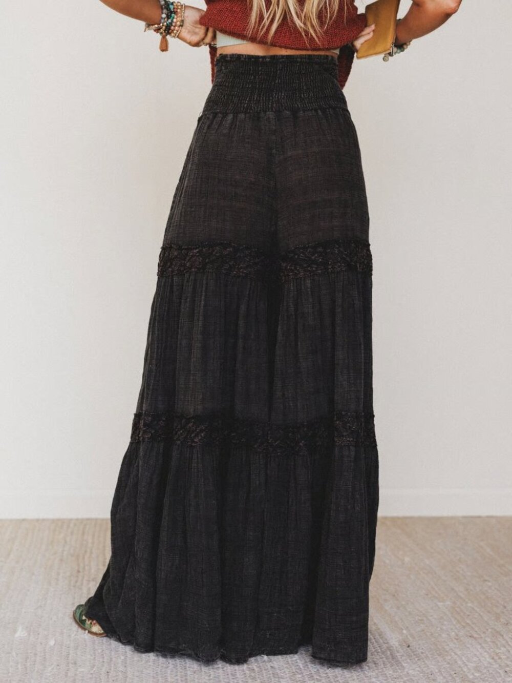 NWOT Oli & Hali Tiered Wide Leg Goth Lace Boho Smocked Pants - Picture 2 of 10